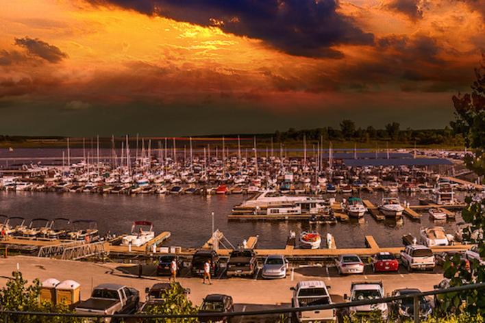 Boats docked at the Saylorville Lake Marina in Polk City, IA