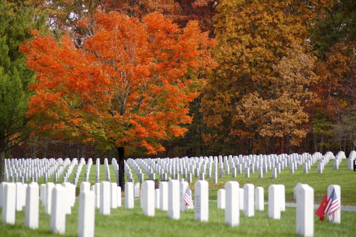 A cemetery with matching white headstones in lines, there are trees with fall foliage in the background