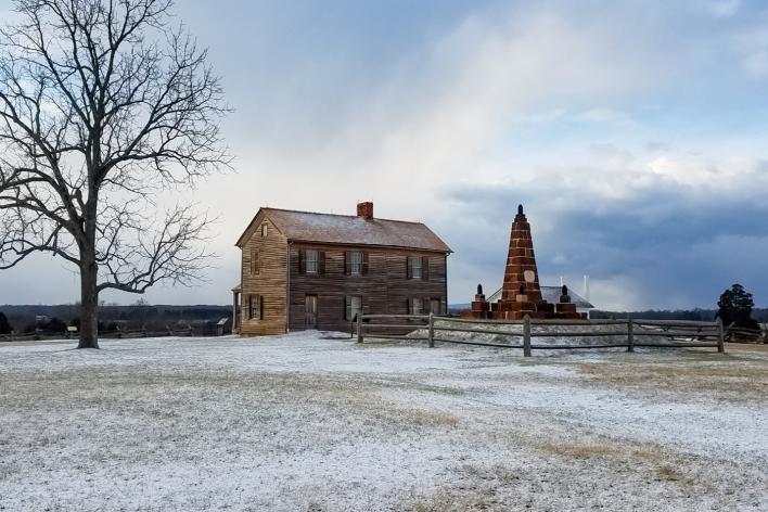 snowy grounds in front of Henry Hill House at Manassas Battlefield