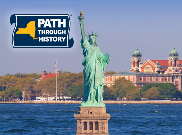 The Path Through History logo on a photo with the Statue of Liberty and Ellis Island