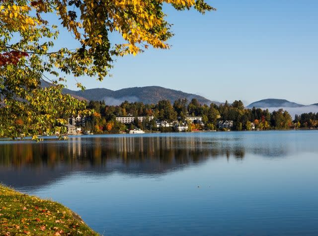Autumn leaves beginning to show on the shores of Lake Placid, NY.