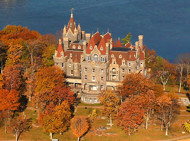 An aerial view of Boldt Castle amid fall foliage