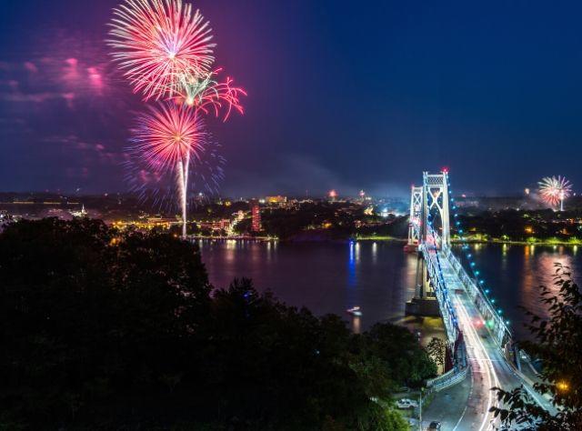 A photo of Independence Day fireworks between Mid Hudson Bridge and Walkway over the Hudson