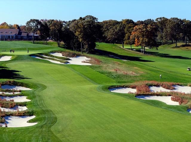 Aerial view of the 18th hole of the acclaimed Black Course at Bethpage State Park