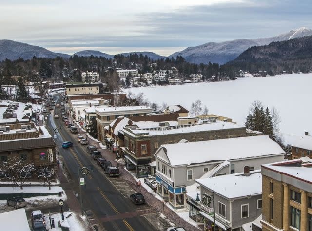 The mountain town of Lake Placid in the snow