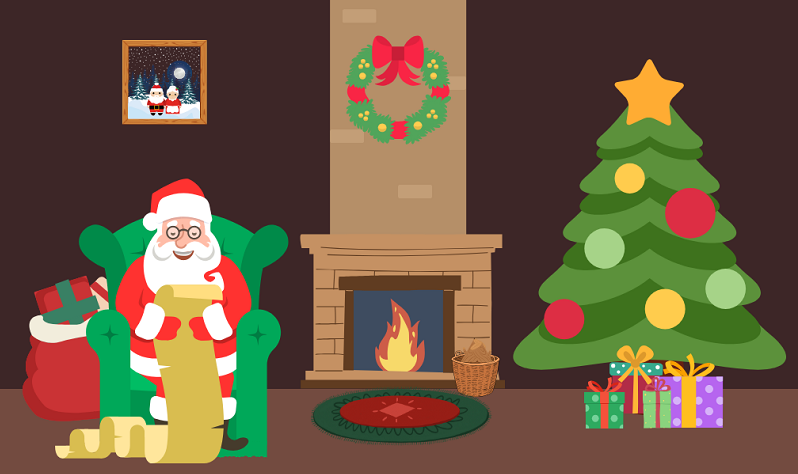 A cartoon image of Santa reading the present list whilst sitting in a green armchair by a fire and a Christmas tree