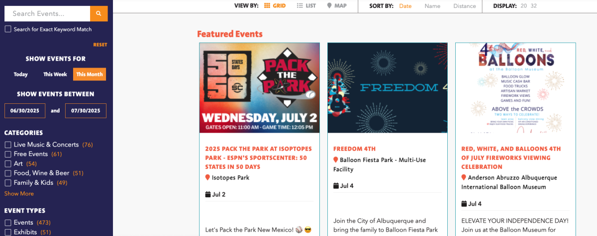 A screenshot of the ABQ365 events calendar.