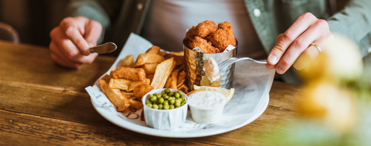 A close up of a plate of scampi and chips from the Ship Inn at Sewerby in Bridlington.