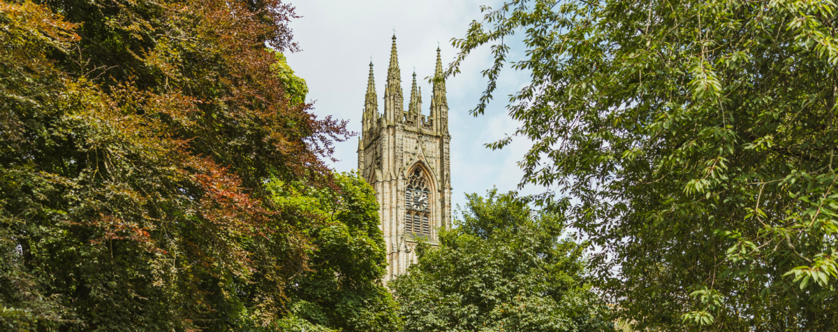 The top of the Priory Church in Bridlington emerging through tree tops.
