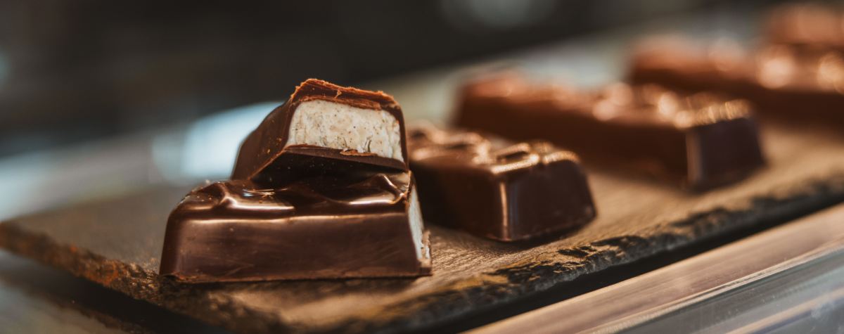 A row of handcrafted chocolate bars from Gemini Chocolate in Beverley.