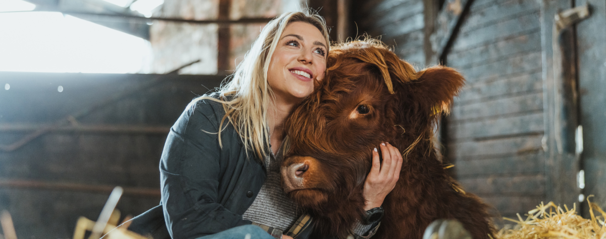 A lady cuddling a highland calf at Dumble Farm in East Yorkshire