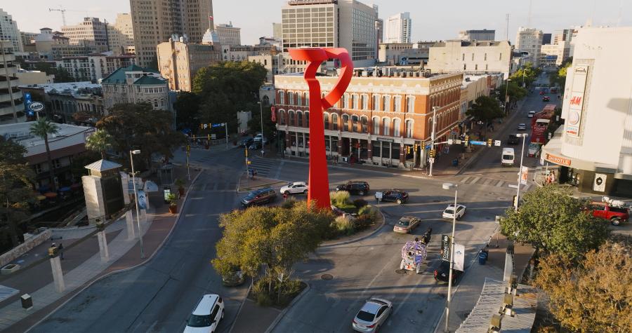 Overhead view of downtown San Antonio with Torch of Friendship sculpture