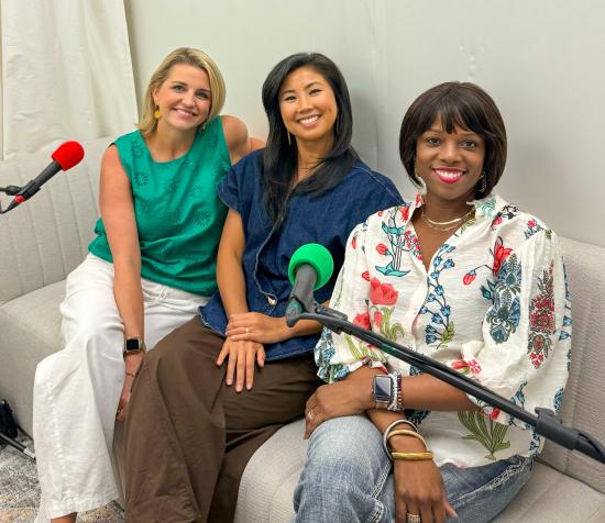 Hosts Katie and Zondra in the All The Waves podcast recording studio with artist Marianne Angeli Rodriguez of Rodriguez Gallery in Covington.