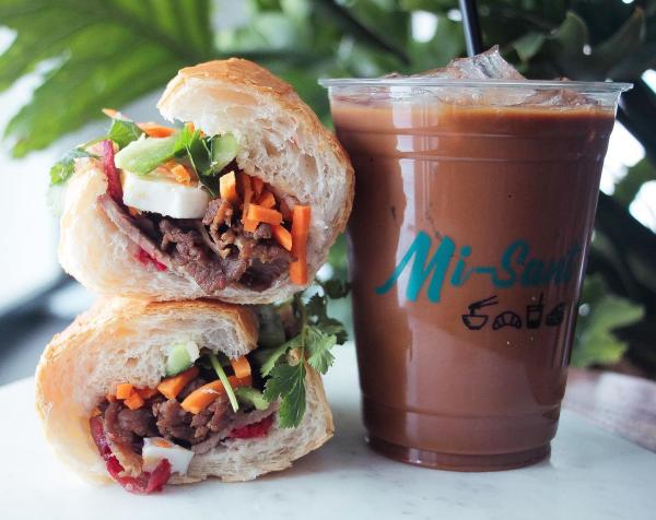 Banh mi sandwich and iced coffee