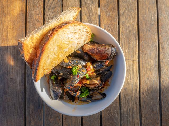 Mussels in bowl with bread from Copper Common