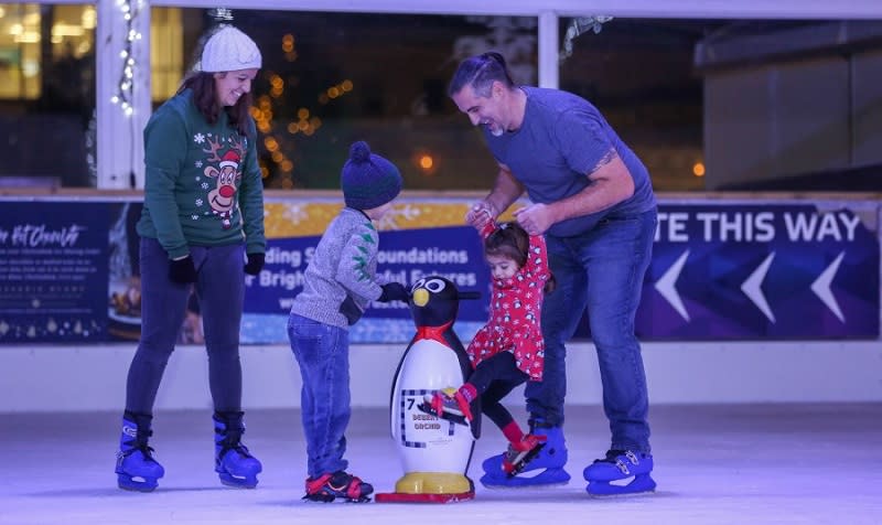 A family skating on the ice