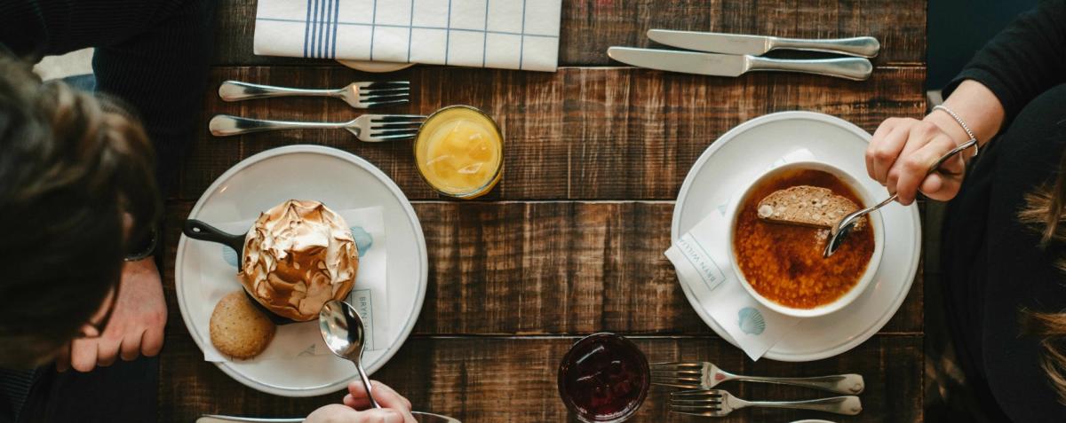 View from above of two people enjoying a meal at Porth Eirias