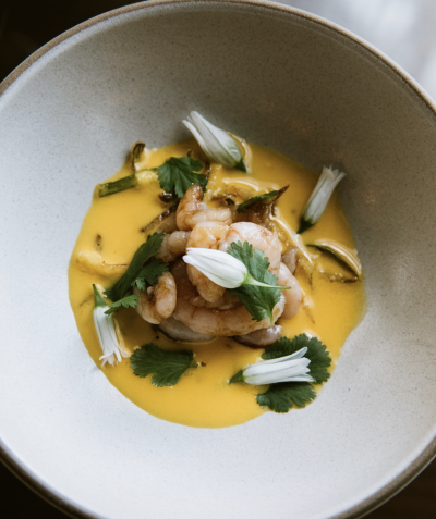 Plated Marinated Bay Shrimp with Goldenberry Gazpacho