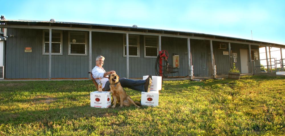 Tito and dog at Tito's Vodka Austin distillery