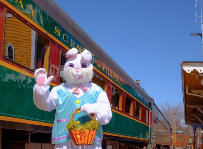 Conway Scenic Railroad - Easter Bunny Standing in Front of Train at Train Station
