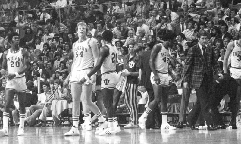 Black and white photo of Hoosiers Basketball Team mid-game