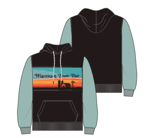 A black and teal hoodie with a front and back view. The hoodie features teal sleeves and a front graphic of a sunset scene with silhouettes of a barn, windmill, and ferris wheel. The text “Wisconsin State Fair” is displayed across the sunset image on the front. The hoodie also includes a front pouch pocket and drawstrings.