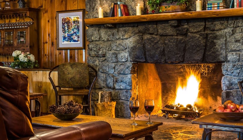 Garnet Hill Lodge fireplace and wine