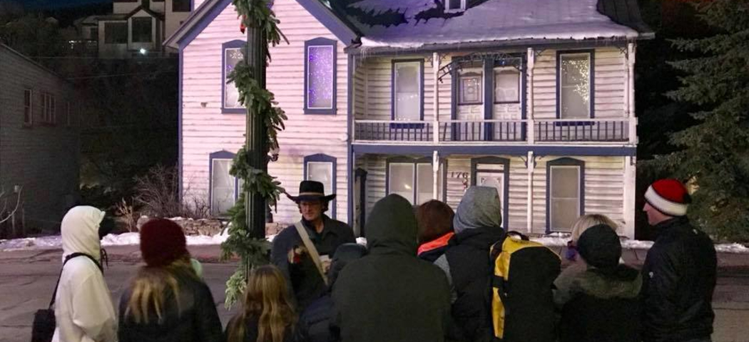 Park City Ghost Tour, Host speaking to a group at night