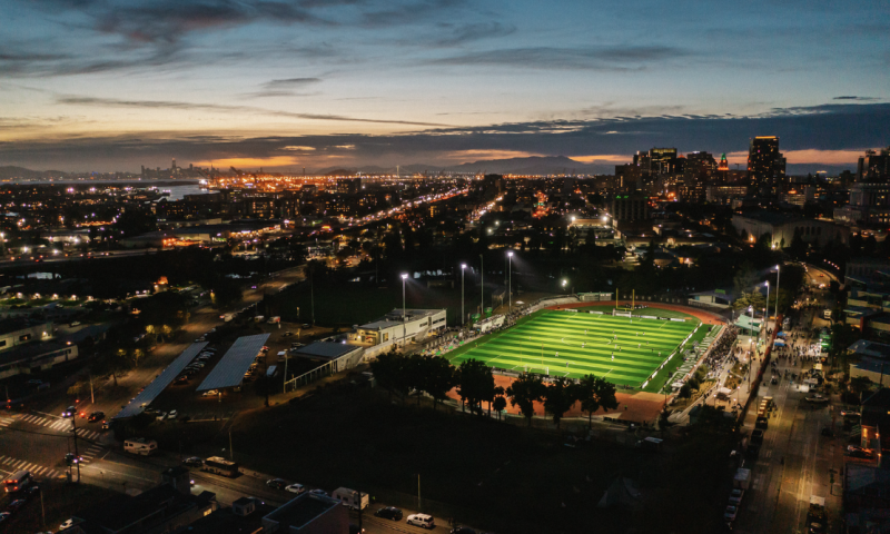 Aerial view of Laney College in Oakland California during an Oakland Roots soccer game