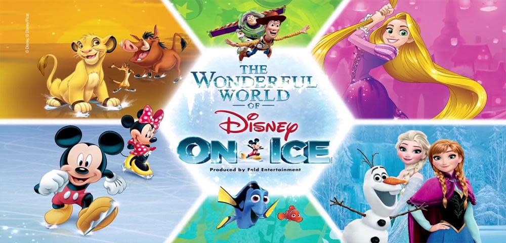 Colorful photo of the lion king, mickey, woody, rory, rapunzel, and the sisters from Frozen around the words The Wonderful World of Disney on Ice