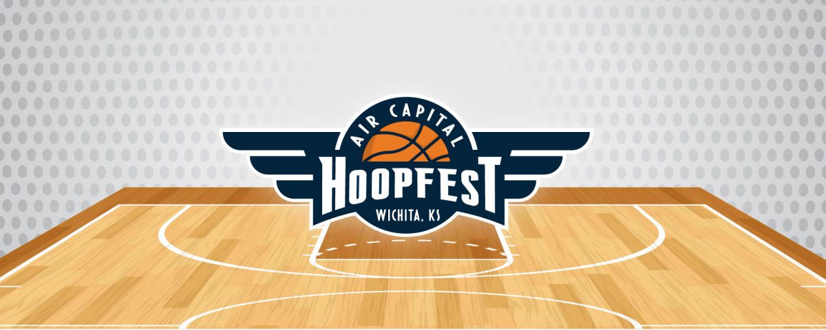 The Air Capital Hoopfest logo with wings and a basketball over a basketball court
