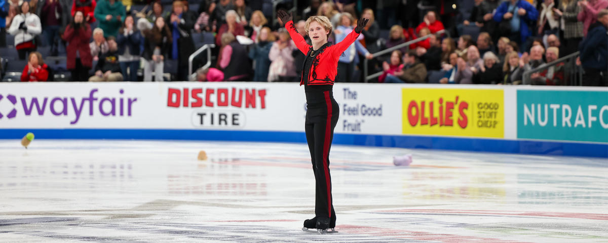 Ilia Malinin finishes his ice skating routine during a competition