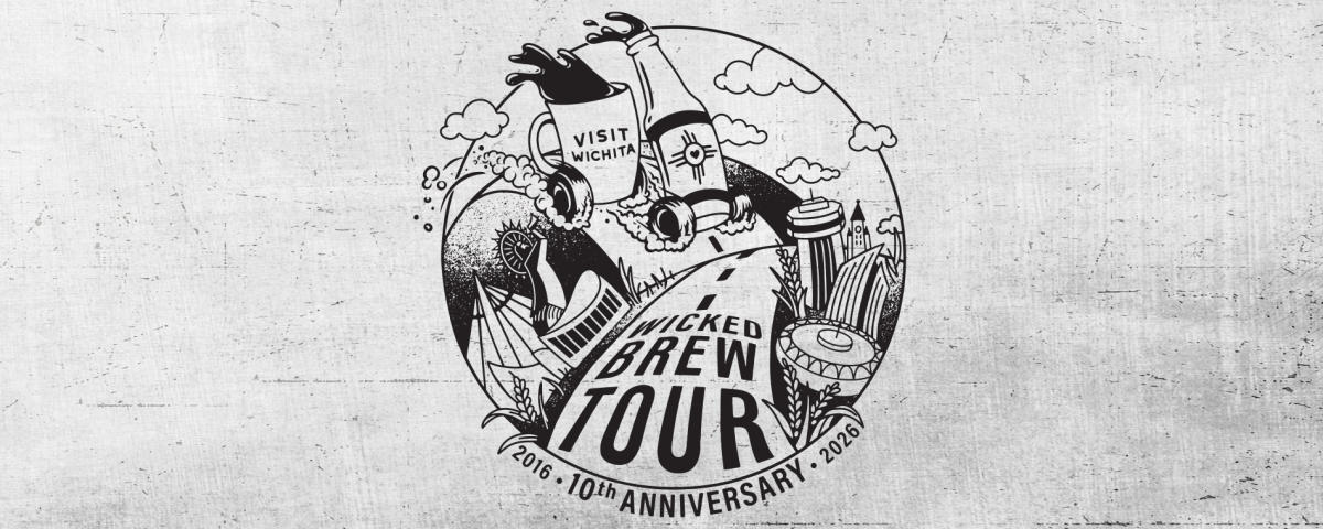 The design for the 2026 Wicked Brew Tour T-shirt features a mug and beer bottle with wheels heading toward Wichita.
