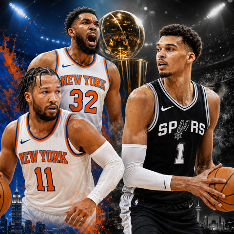 Social media graphic showing Jalen Brunson and Karl Anthony-Towns pitted against Victor Wembanyama in their quest for the NBA's Larry O'Brien trophy