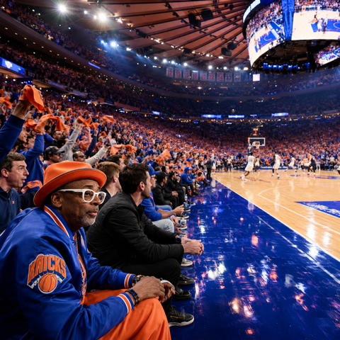 Famous Knicks fan, Spike Lee, sits courtside during a Knicks game