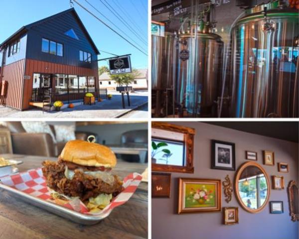 Top Left: Rails & Ales Brew House exteriorTop Right: Rails & Ales brew tanksBottom Left: Chicken SandwichBottom Right: Gallery Wall inside Rails & Ales