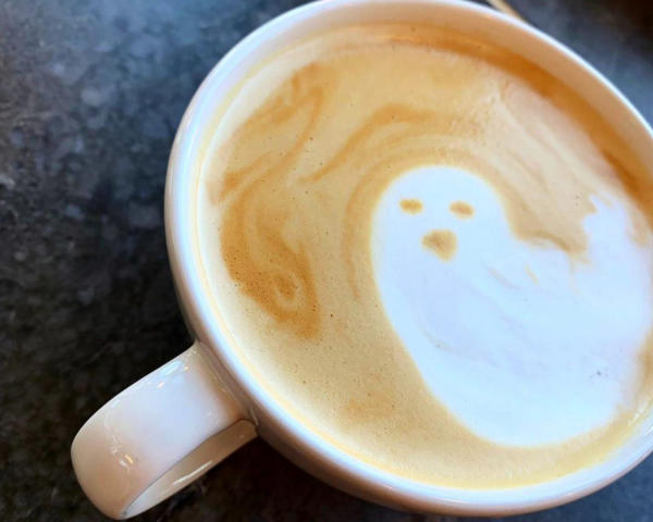 Ghost latte art from Bottoms Up Coffee