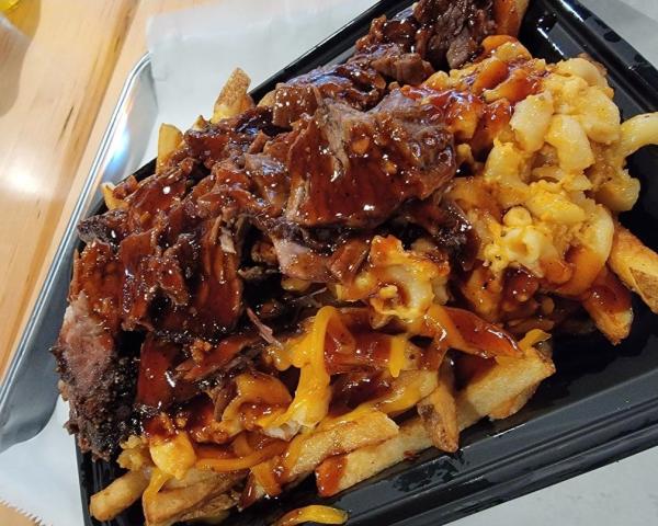 French fries with barbecue sauce.