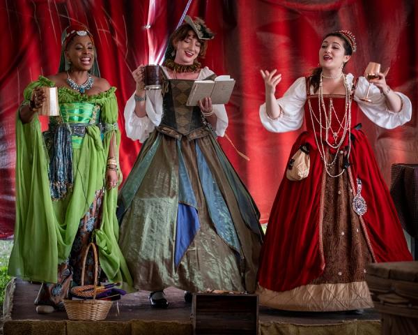 Three ladies dressed in colorful Renaissance period dresses.