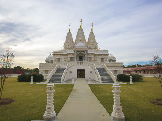 Front, outside view of BAPS Shri Swaminarayan Mandir in Atlanta, Georgia