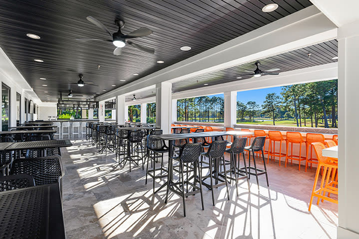 The Sunset Prime restaurant in Sea Trail Resort with open air seating with a view of a golf course