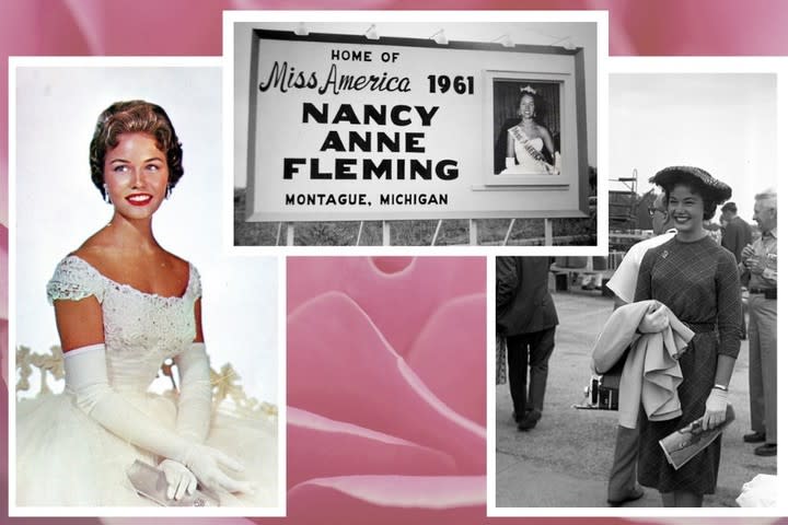 Collage related to Miss America 1961, Nancy Anne Fleming, featuring a formal portrait of Fleming in an elegant gown, a close-up of a pink rose petal, and Fleming in a street scene carrying a purse, with a sign reading "Home of Miss America 1961 Nancy Anne Fleming Montague, Michigan.