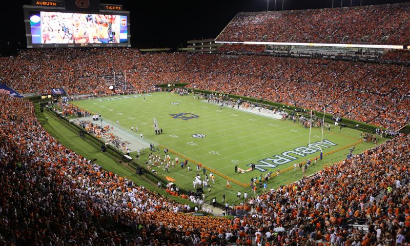 drone shot of Jordan-Hare Stadium