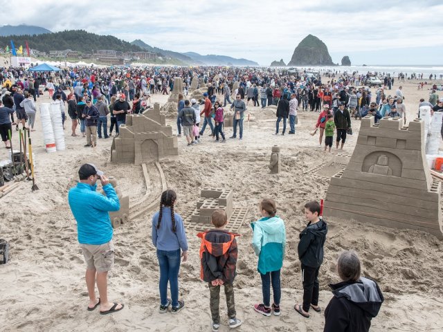 A crowd admires two sandcastles at the annual Sandcastle Contest.