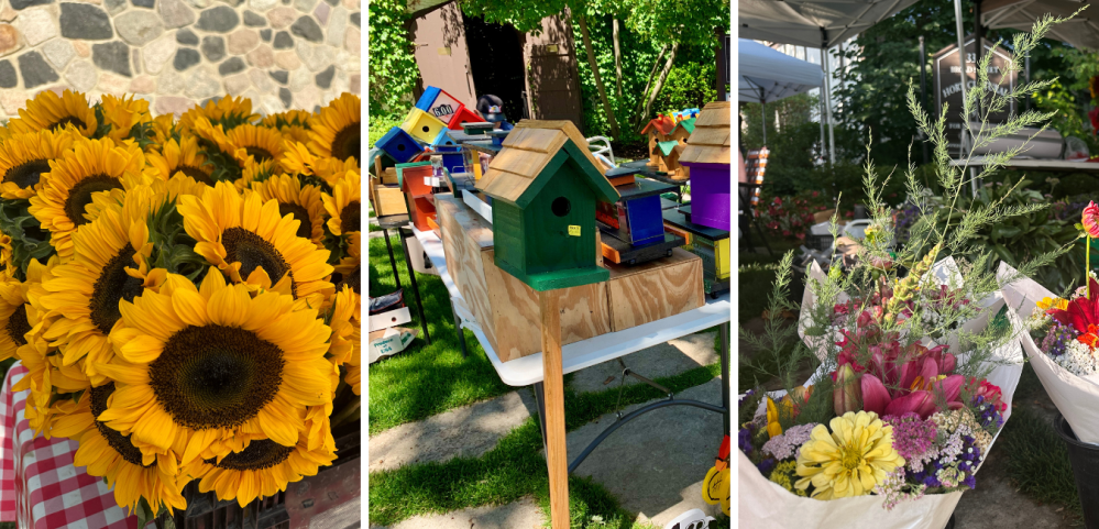 Pictures of flowers and bird houses at the farmers market
