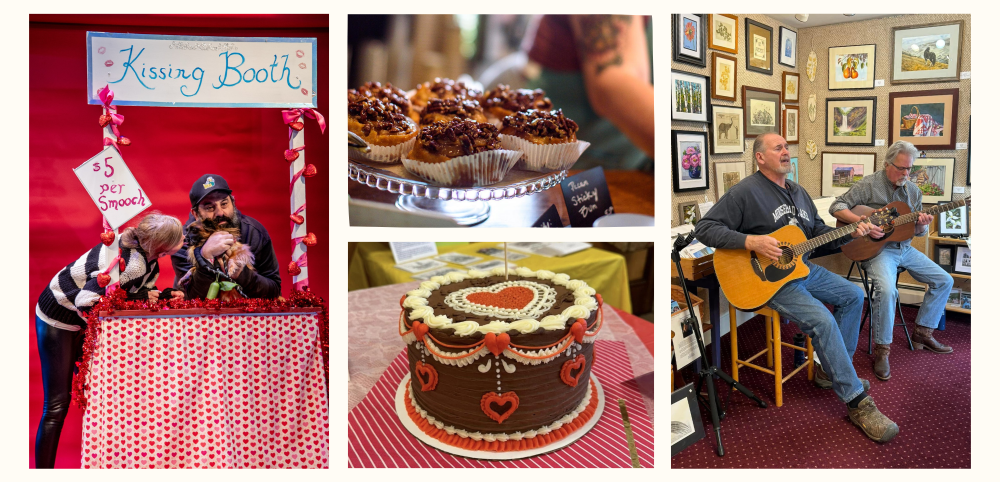 Vintage Vines & Valentines Collage. Kissing booth in the left, muffins and chocolate cake in the center, and men playing guitars and singing in the right.