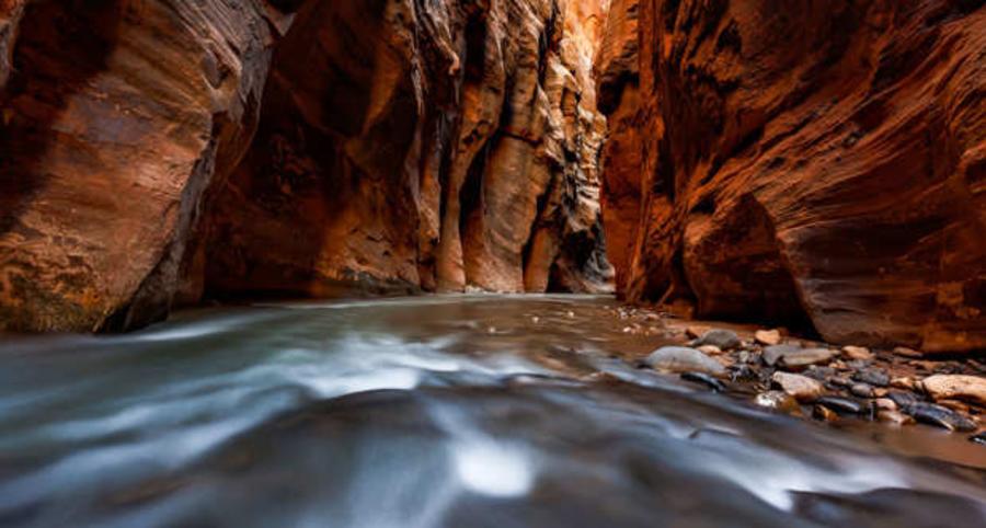 Moving water in The Narrows in Zion National Park