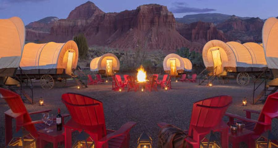 Covered wagons at a Glampground in Southern Utah