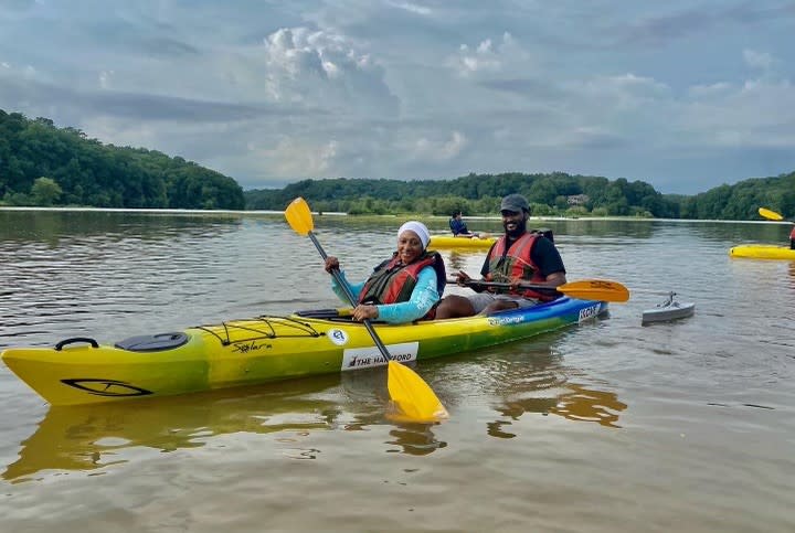 Two people in an adaptive kayak at Morgan Falls Overlook Park