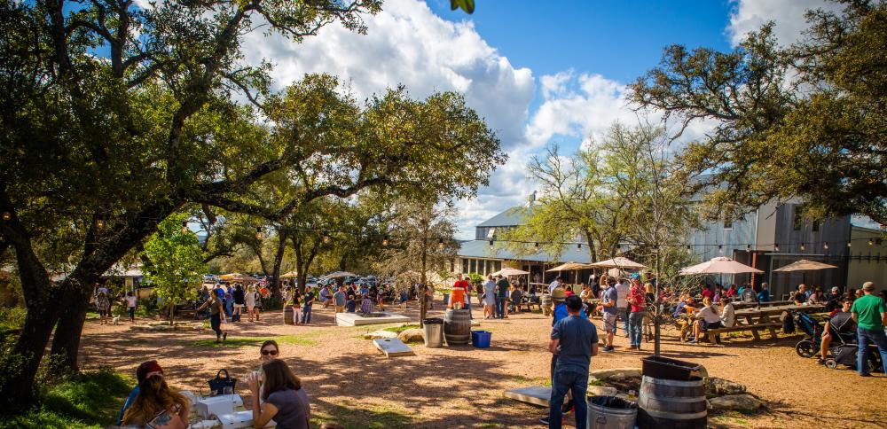 Open courtyard with people sitting at shaded picnic tables, surrounded by green oak trees.